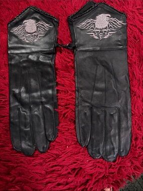 Black Embroidered Eagle Leather Driving Gloves - Men